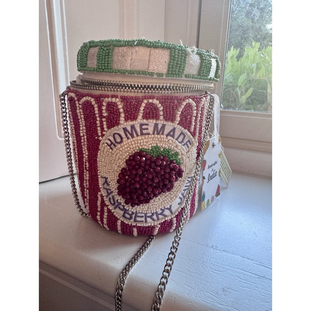 BNWT Handcrafted in India Homemade Raspberry‎ Jam Jar Beaded Bag Crossbody